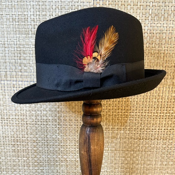 🌟HP🌟VTG 2000s 100% Wool Black Fedora w/ Feathers Lake of the Isles L/XL - Picture 2 of 12